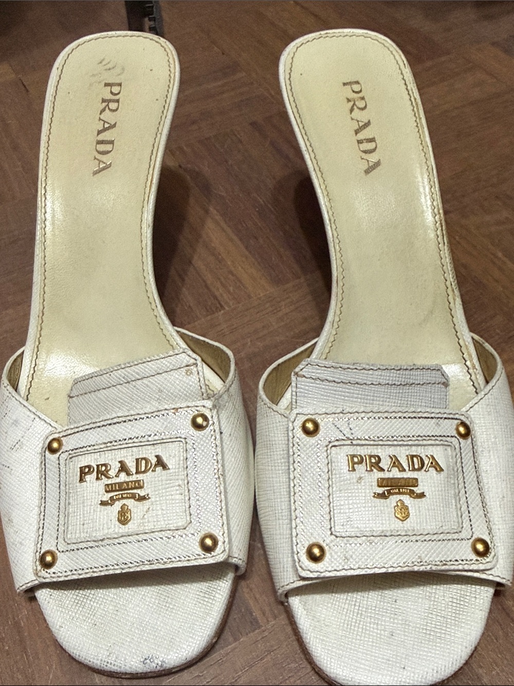 Prada White Leather Open-Back Logo Mules with Gold Hardware 37.5